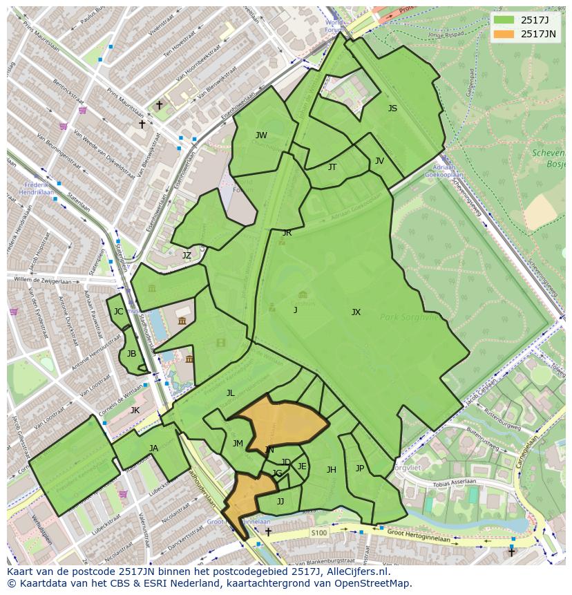 Afbeelding van het postcodegebied 2517 JN op de kaart.