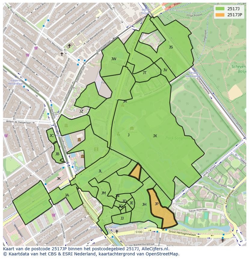 Afbeelding van het postcodegebied 2517 JP op de kaart.
