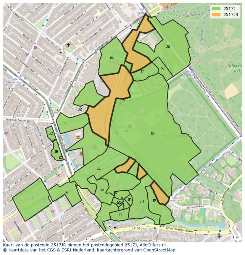Afbeelding van het postcodegebied 2517 JR op de kaart.