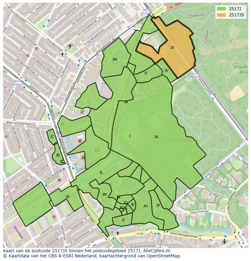 Afbeelding van het postcodegebied 2517 JS op de kaart.