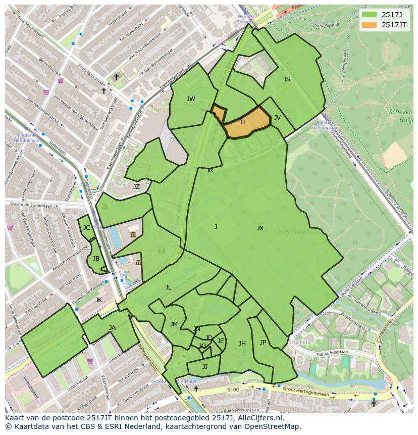 Afbeelding van het postcodegebied 2517 JT op de kaart.