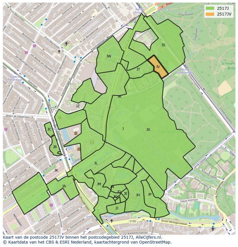 Afbeelding van het postcodegebied 2517 JV op de kaart.