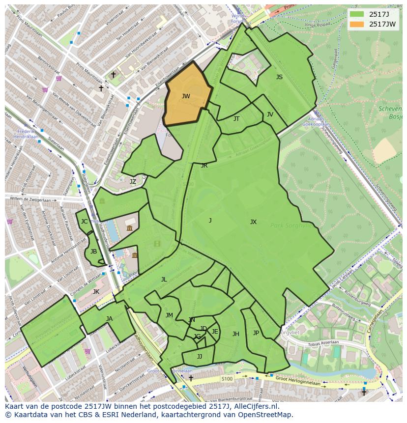 Afbeelding van het postcodegebied 2517 JW op de kaart.