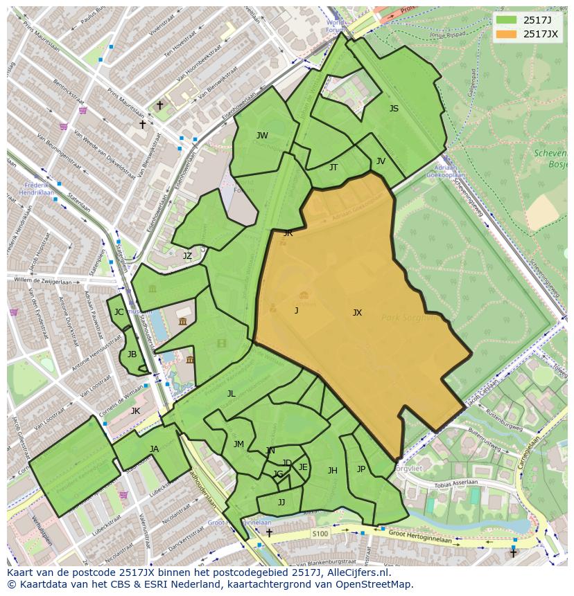Afbeelding van het postcodegebied 2517 JX op de kaart.