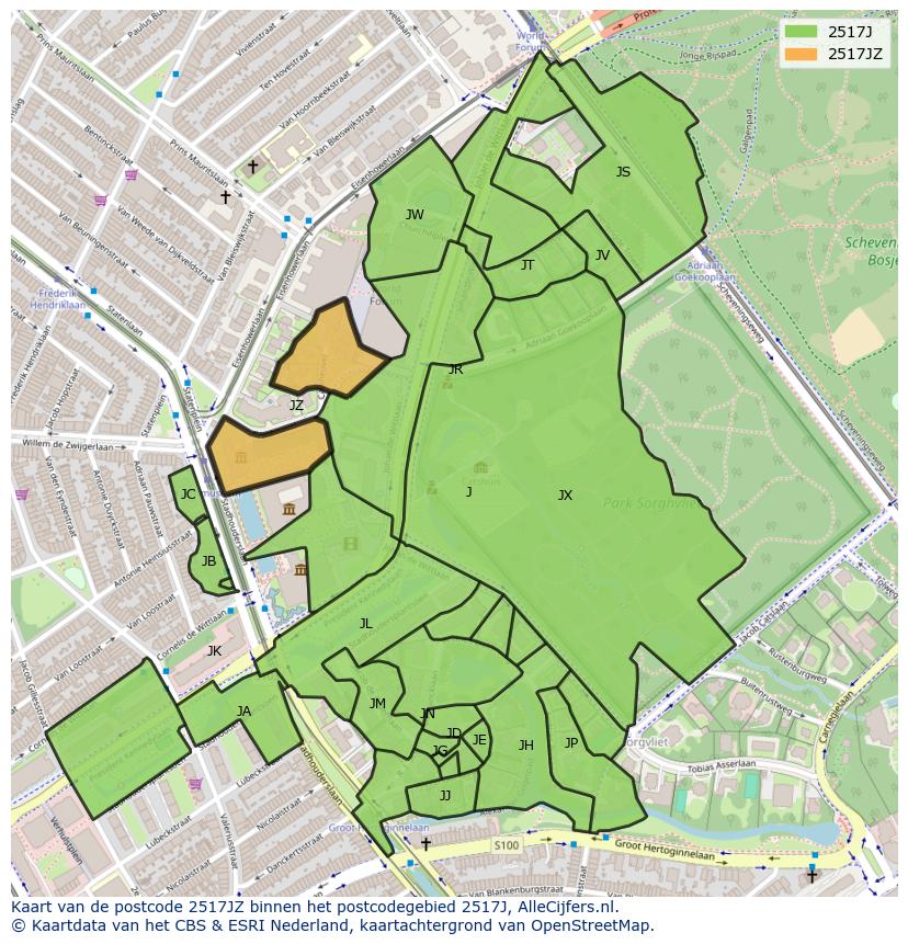 Afbeelding van het postcodegebied 2517 JZ op de kaart.