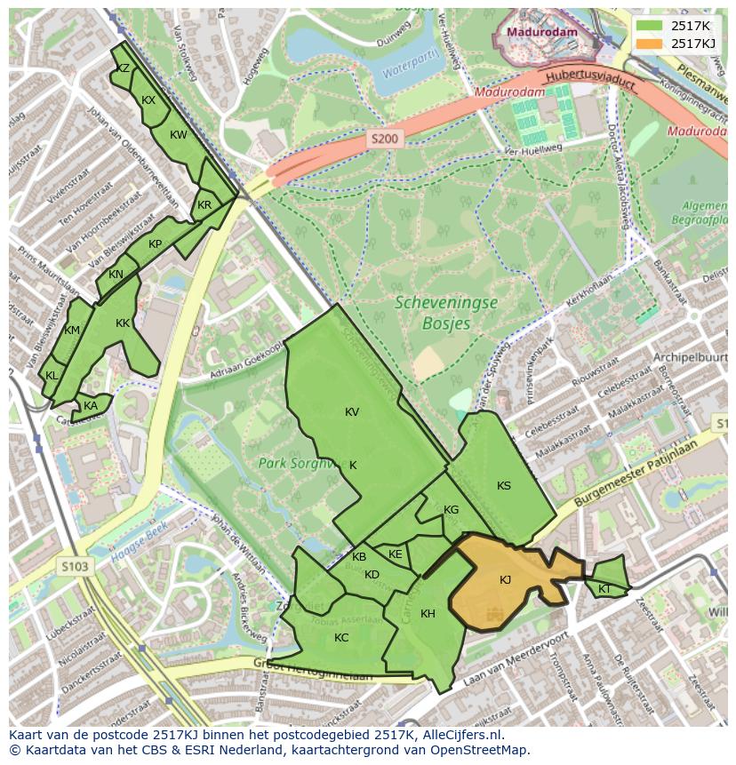 Afbeelding van het postcodegebied 2517 KJ op de kaart.