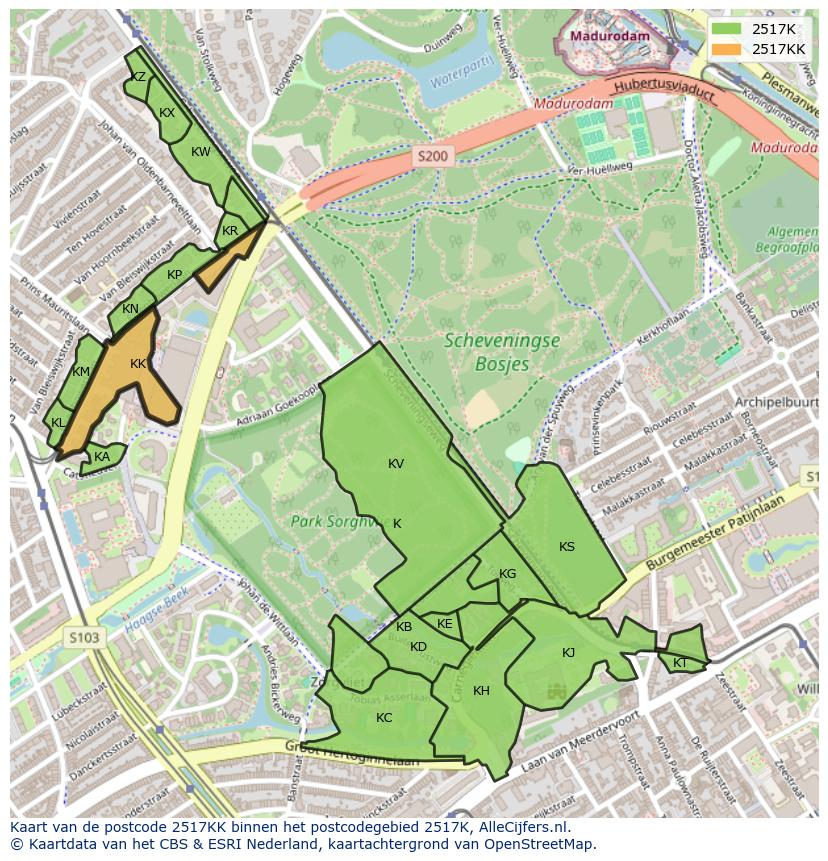Afbeelding van het postcodegebied 2517 KK op de kaart.