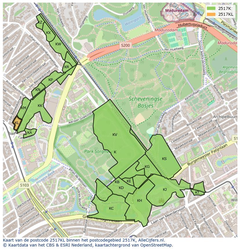 Afbeelding van het postcodegebied 2517 KL op de kaart.