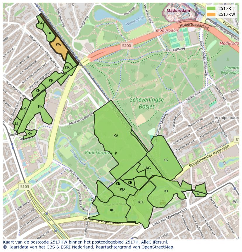 Afbeelding van het postcodegebied 2517 KW op de kaart.