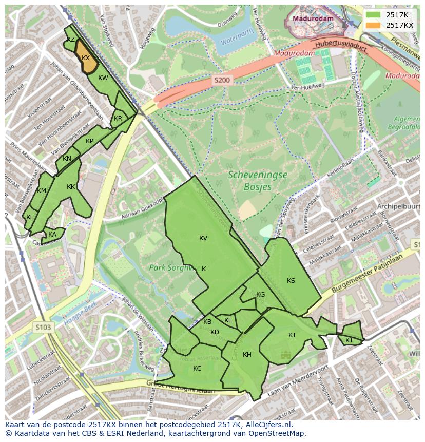 Afbeelding van het postcodegebied 2517 KX op de kaart.