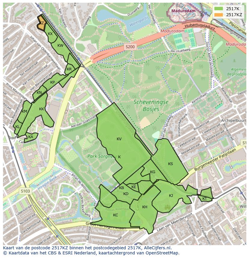 Afbeelding van het postcodegebied 2517 KZ op de kaart.