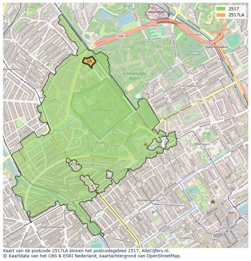 Afbeelding van het postcodegebied 2517 LA op de kaart.
