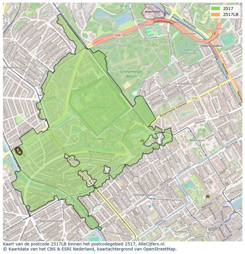 Afbeelding van het postcodegebied 2517 LB op de kaart.