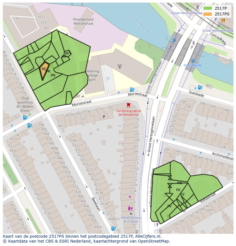 Afbeelding van het postcodegebied 2517 PS op de kaart.