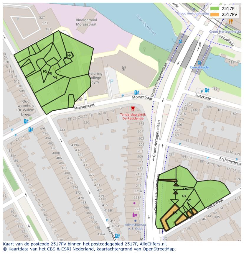 Afbeelding van het postcodegebied 2517 PV op de kaart.