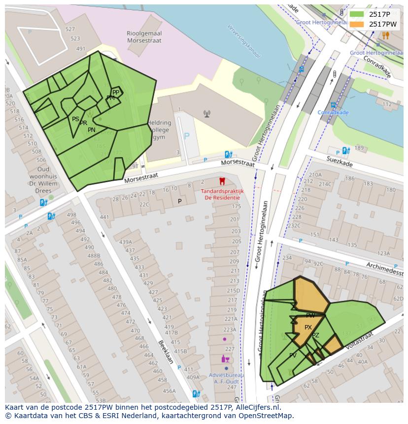Afbeelding van het postcodegebied 2517 PW op de kaart.