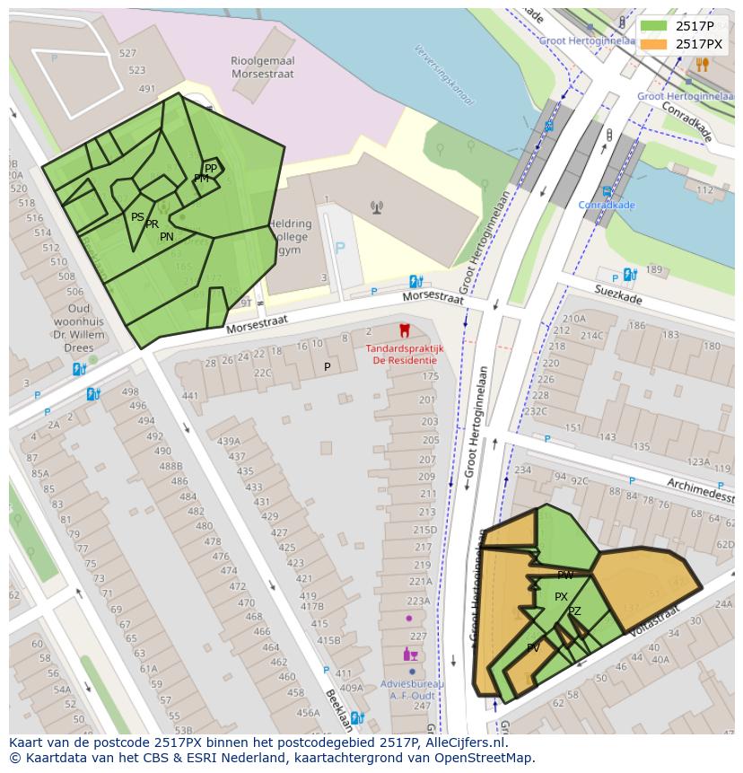 Afbeelding van het postcodegebied 2517 PX op de kaart.