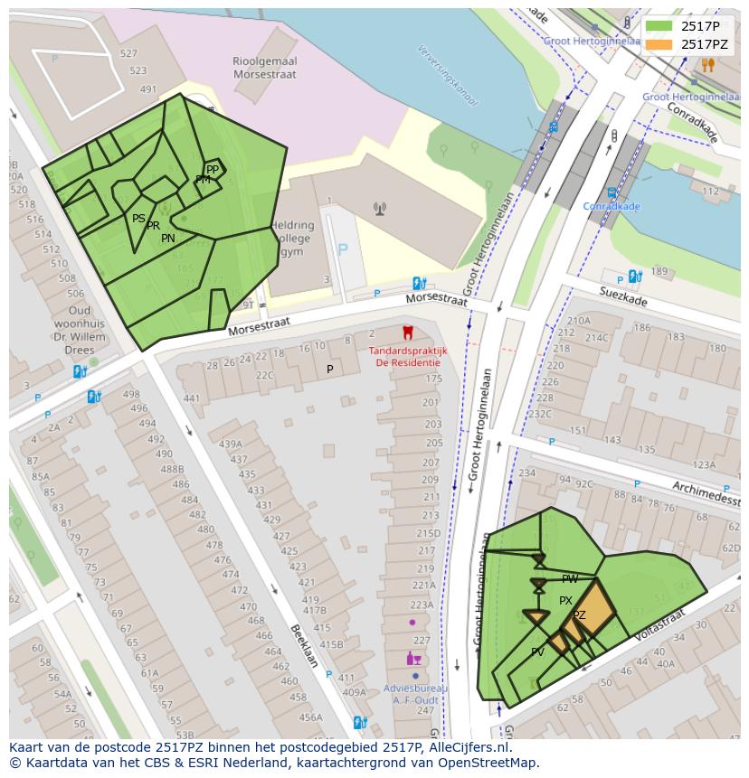 Afbeelding van het postcodegebied 2517 PZ op de kaart.