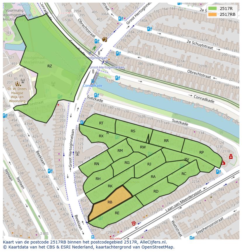 Afbeelding van het postcodegebied 2517 RB op de kaart.