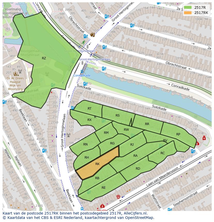 Afbeelding van het postcodegebied 2517 RK op de kaart.
