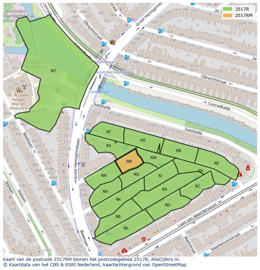 Afbeelding van het postcodegebied 2517 RM op de kaart.
