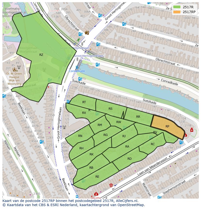 Afbeelding van het postcodegebied 2517 RP op de kaart.