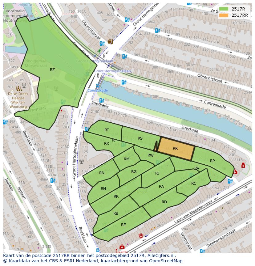 Afbeelding van het postcodegebied 2517 RR op de kaart.