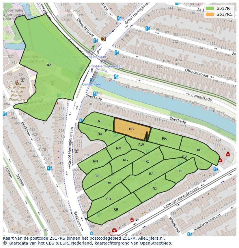 Afbeelding van het postcodegebied 2517 RS op de kaart.