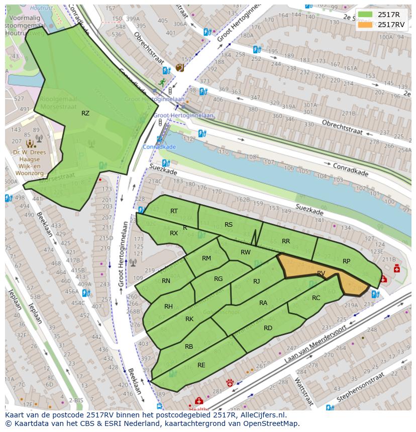 Afbeelding van het postcodegebied 2517 RV op de kaart.
