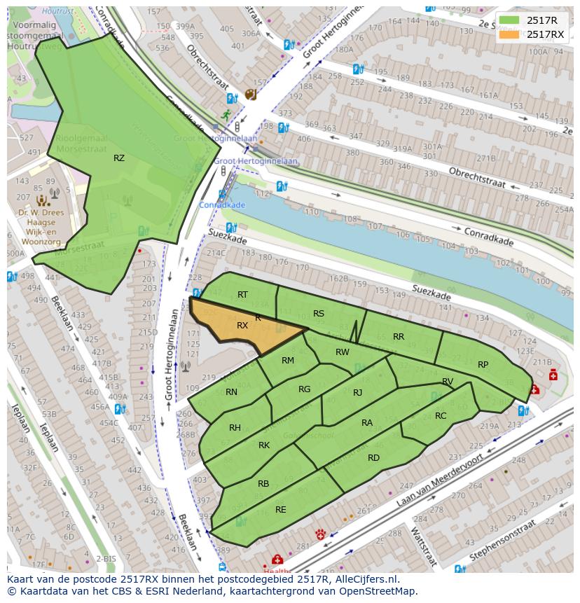 Afbeelding van het postcodegebied 2517 RX op de kaart.