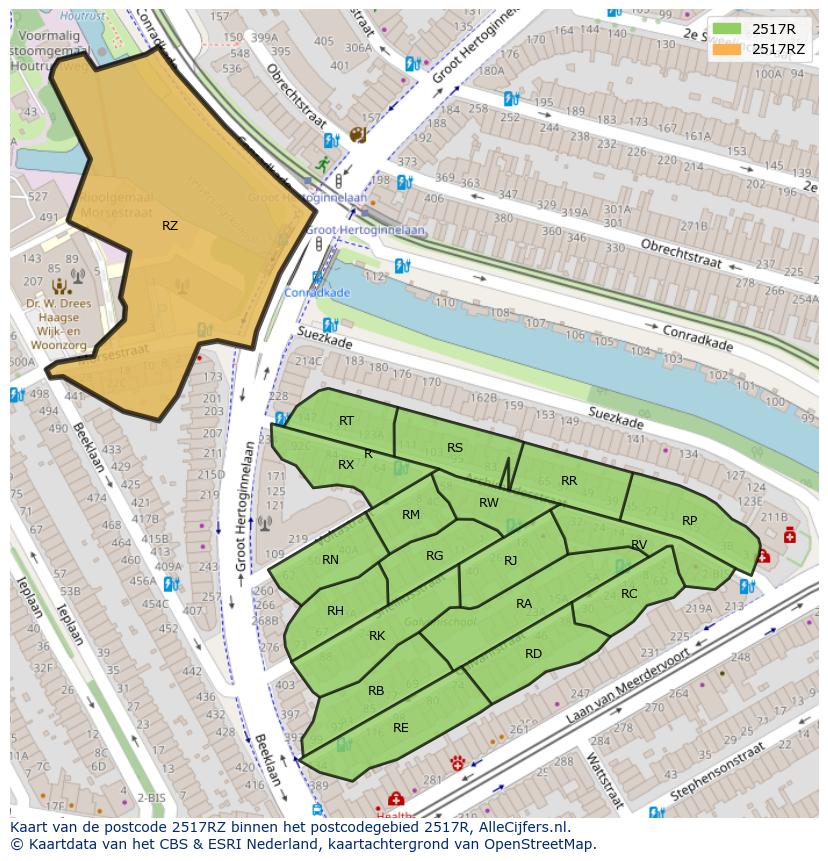 Afbeelding van het postcodegebied 2517 RZ op de kaart.