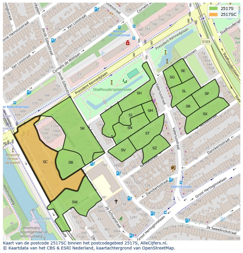 Afbeelding van het postcodegebied 2517 SC op de kaart.