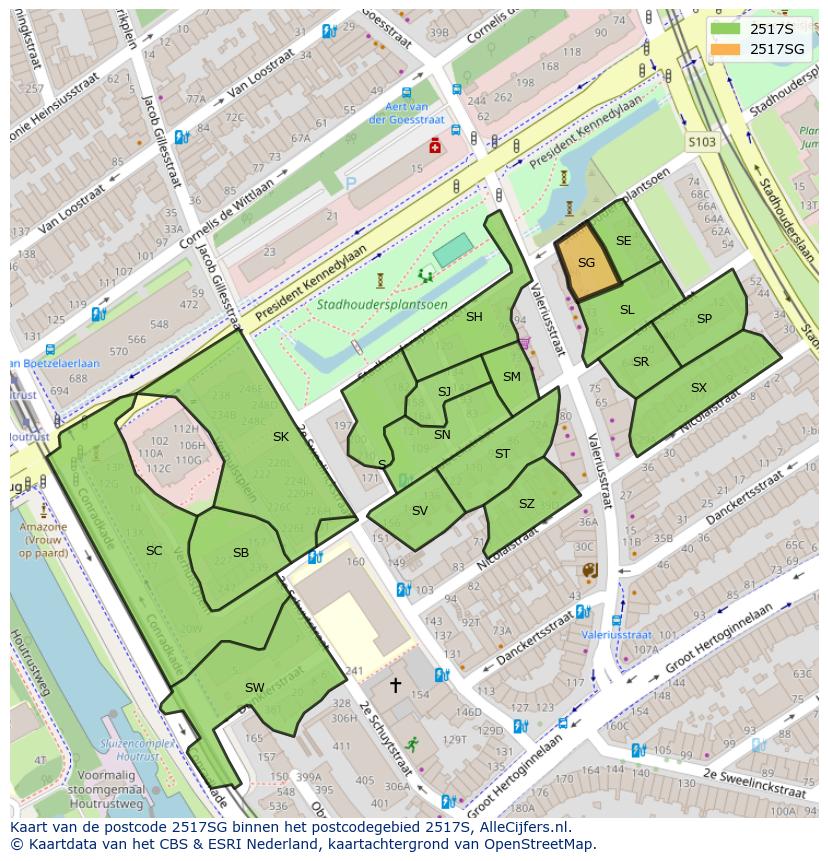 Afbeelding van het postcodegebied 2517 SG op de kaart.