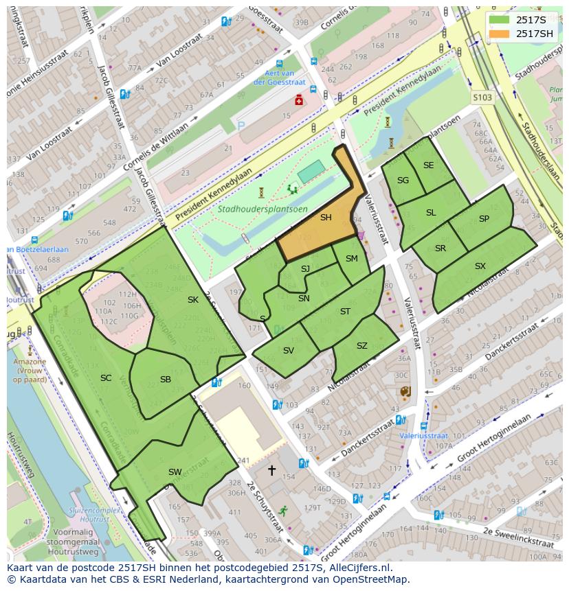 Afbeelding van het postcodegebied 2517 SH op de kaart.