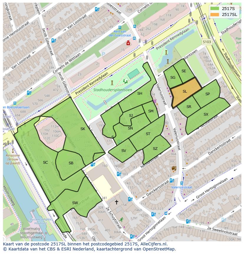 Afbeelding van het postcodegebied 2517 SL op de kaart.