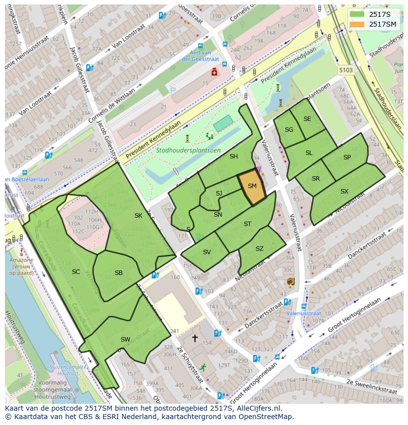 Afbeelding van het postcodegebied 2517 SM op de kaart.