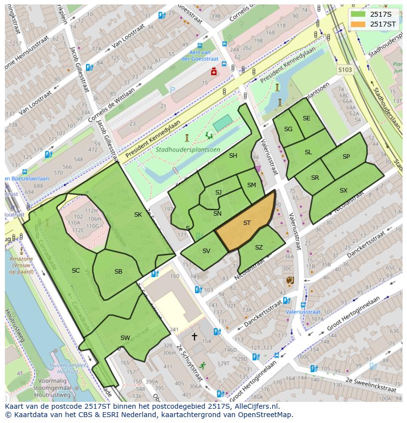 Afbeelding van het postcodegebied 2517 ST op de kaart.