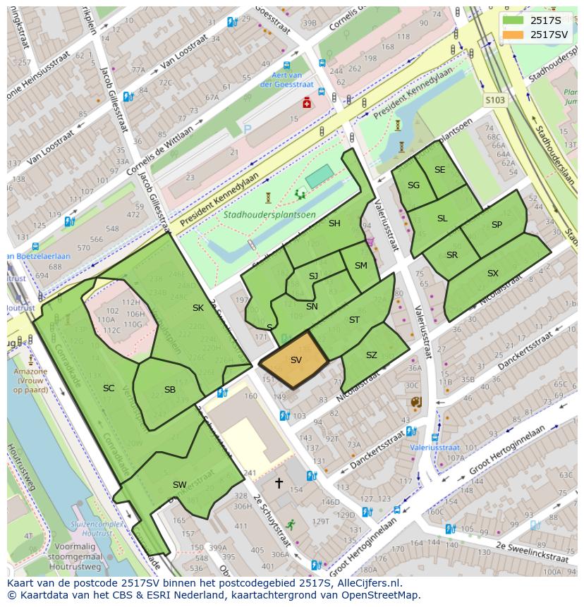 Afbeelding van het postcodegebied 2517 SV op de kaart.