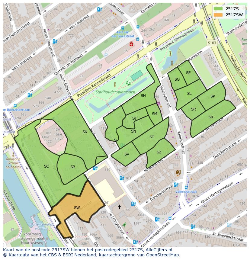 Afbeelding van het postcodegebied 2517 SW op de kaart.