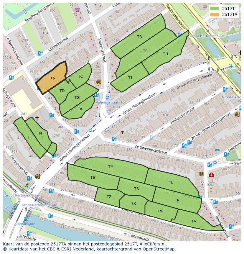 Afbeelding van het postcodegebied 2517 TA op de kaart.