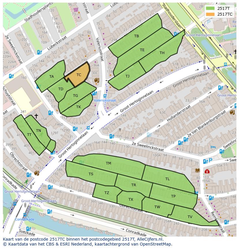 Afbeelding van het postcodegebied 2517 TC op de kaart.