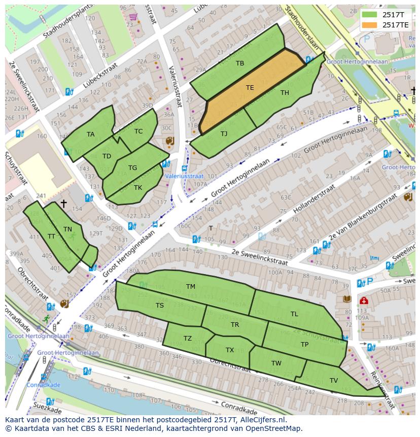 Afbeelding van het postcodegebied 2517 TE op de kaart.