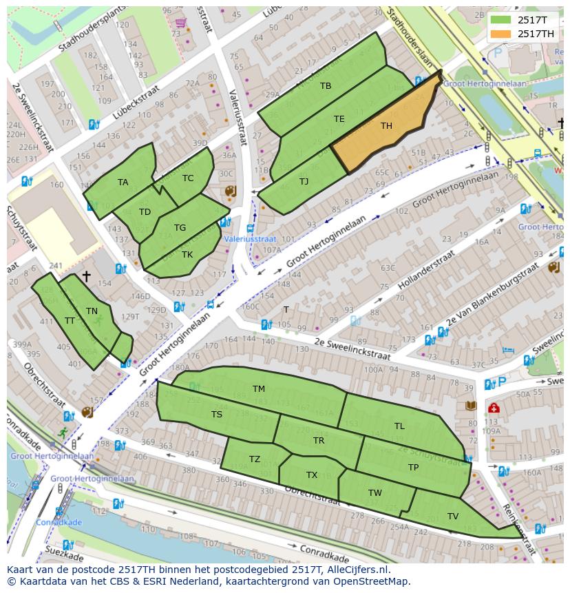 Afbeelding van het postcodegebied 2517 TH op de kaart.