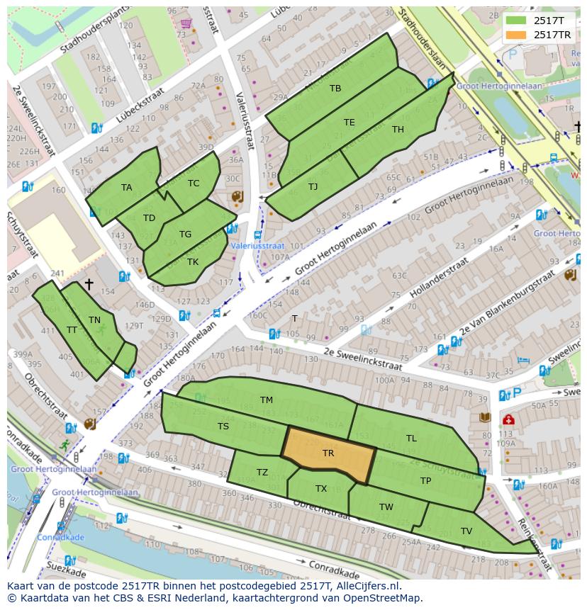 Afbeelding van het postcodegebied 2517 TR op de kaart.