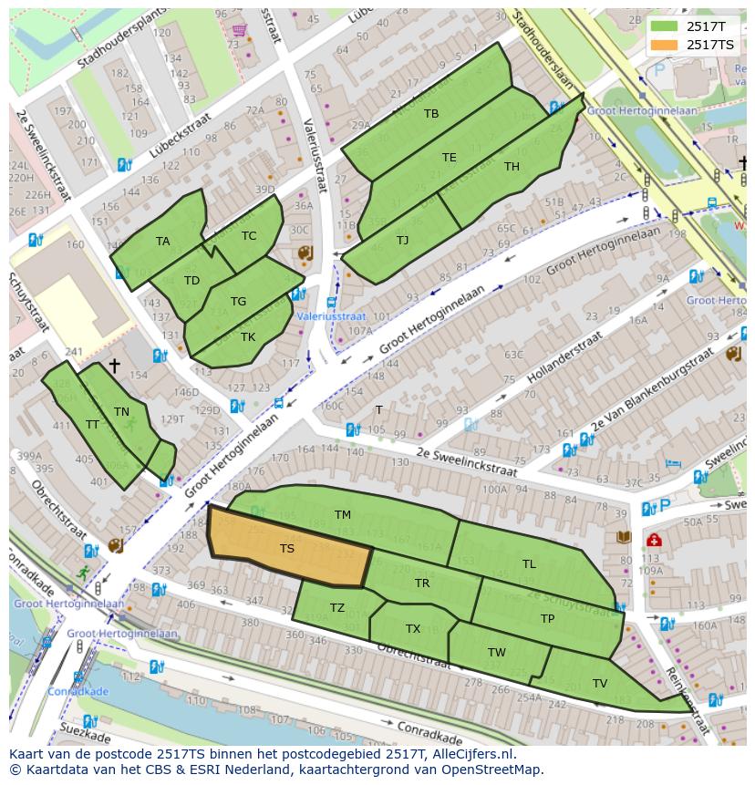 Afbeelding van het postcodegebied 2517 TS op de kaart.