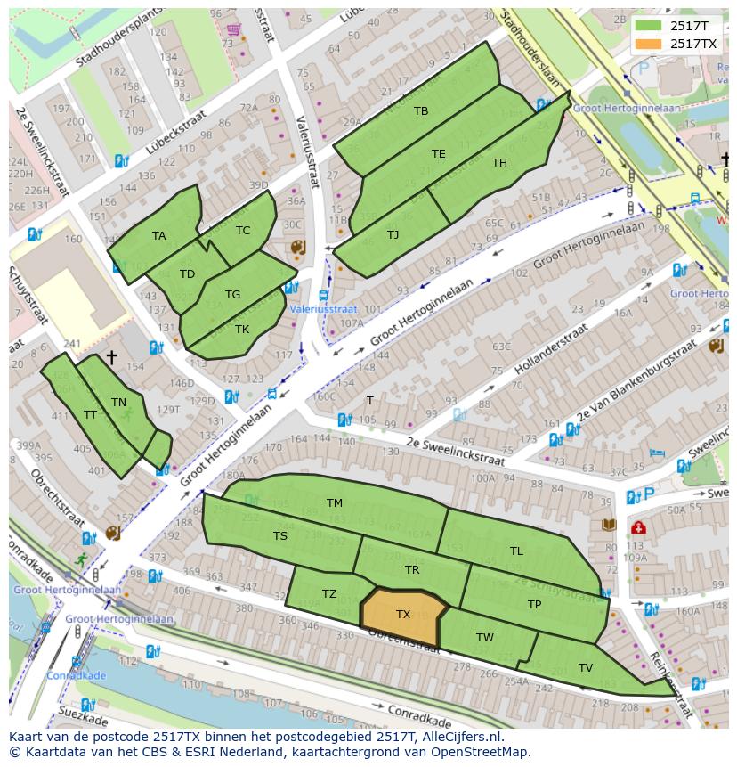 Afbeelding van het postcodegebied 2517 TX op de kaart.