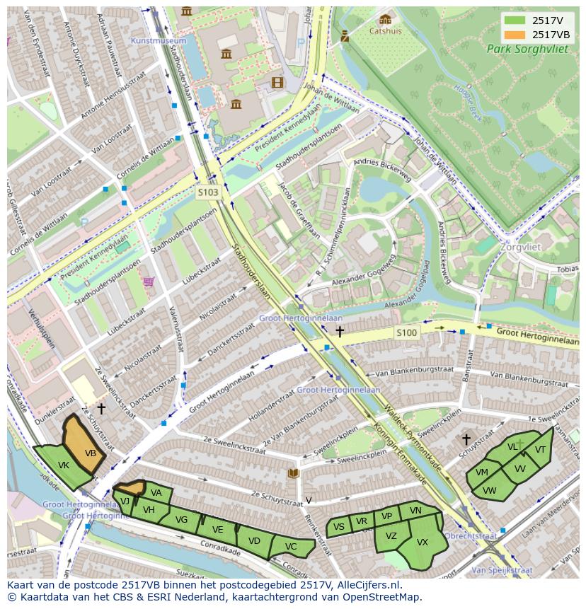 Afbeelding van het postcodegebied 2517 VB op de kaart.