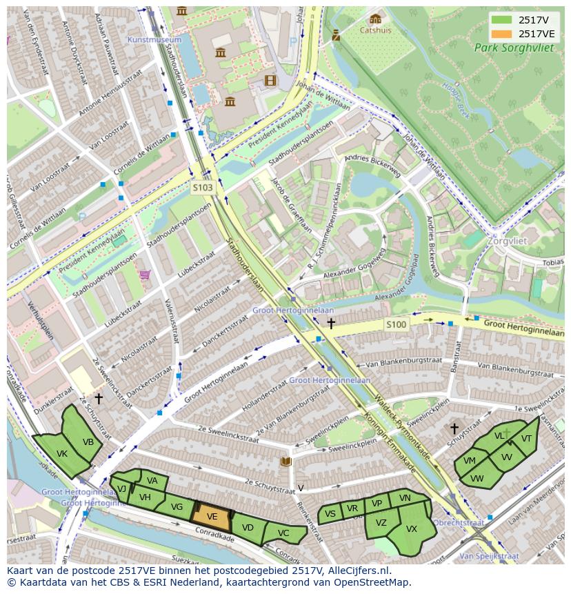 Afbeelding van het postcodegebied 2517 VE op de kaart.