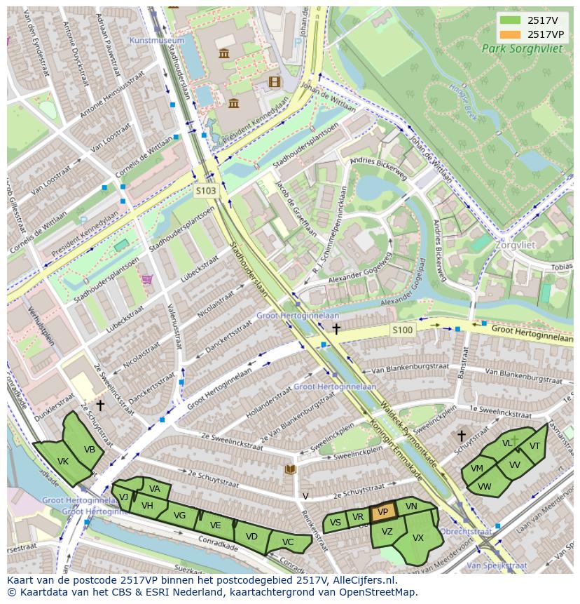 Afbeelding van het postcodegebied 2517 VP op de kaart.