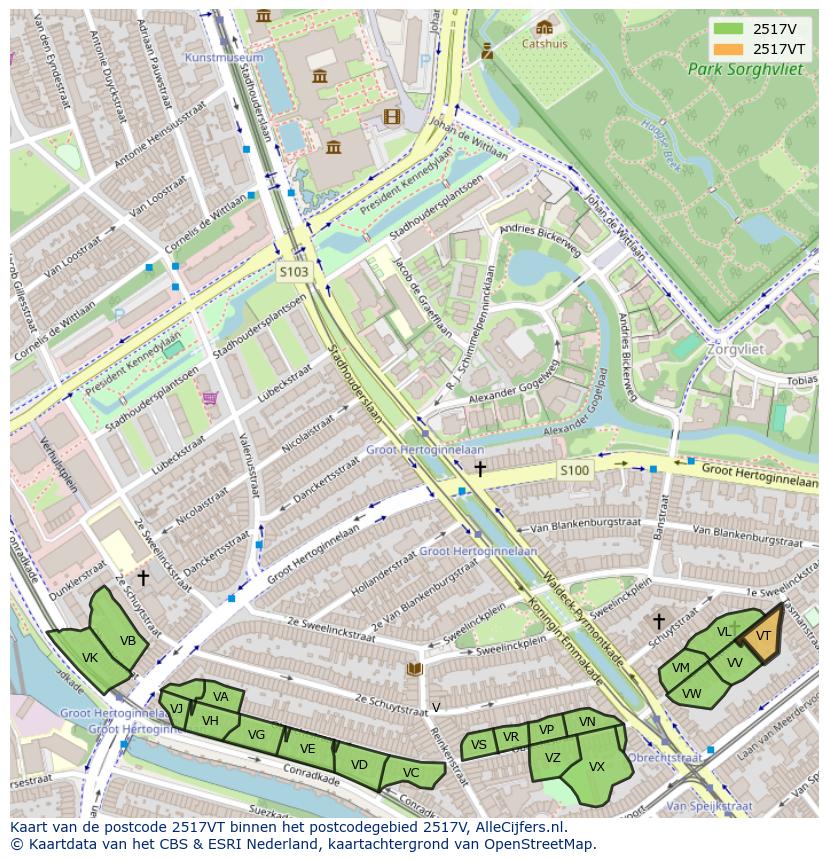 Afbeelding van het postcodegebied 2517 VT op de kaart.